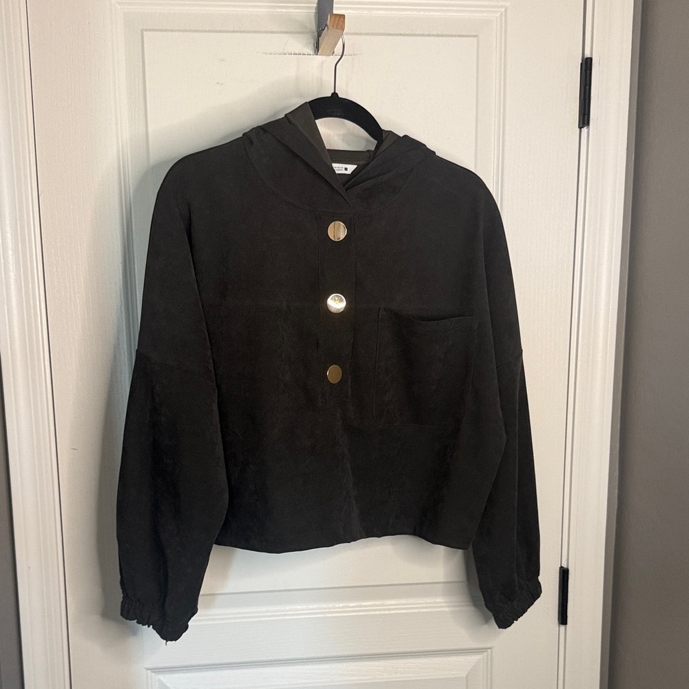 Zara Brown Hooded Suede-Look Bomber Jacket with Gold Buttons